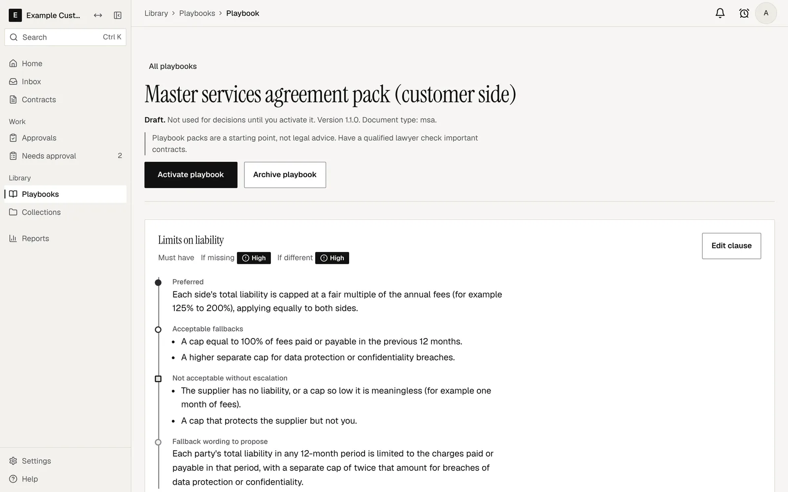 A playbook in Understify copied from the customer-side master services agreement pack: its clause positions, each with a preferred wording, ready to edit before it is activated.